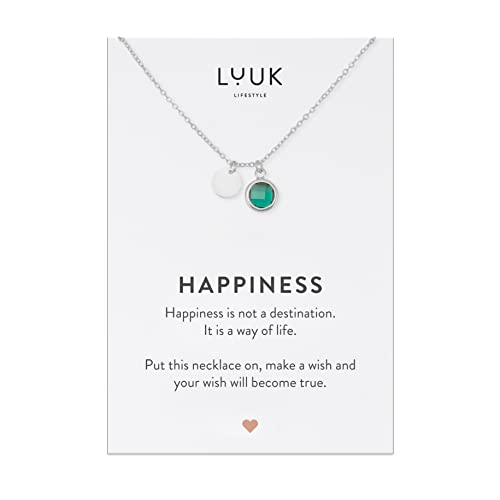 LUUK LIFESTYLE Schöne Halskette mit grünem Glaskristall Anhänger und HAPPINESS Spruchkarte, Geschenkidee für Freundin, Verlobte, filigrane 50cm Kette, Modeaccessoire, Silber von LUUK LIFESTYLE