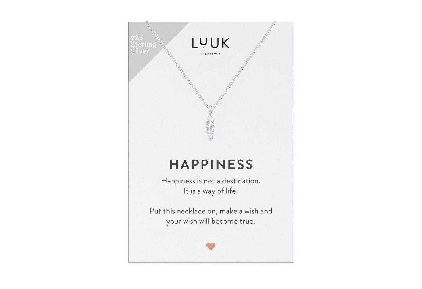 LUUK LIFESTYLE Silberkette Feder, 925er Sterling Silber mit Feder Anhänger, HAPPINESS Geschenkkarte, trendiges Schmuckstück für Frauen, Geschenk für die Freundin, Glücksbringer, Silber von LUUK LIFESTYLE