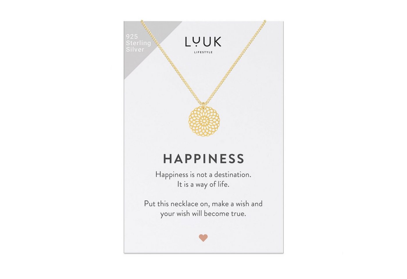 LUUK LIFESTYLE Silberkette Mandala, mit Mandala Anhänger und HAPPINESS Geschenkkarte, 925er Sterlingsilber, alltagstauglicher Modeschmuck, Strand, wasserfest, Hindu und buddhistisches Motiv, Gold von LUUK LIFESTYLE