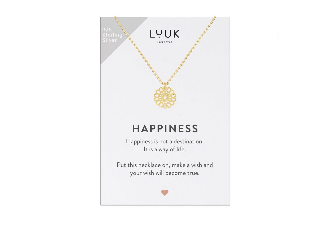 LUUK LIFESTYLE Silberkette Mandala, Mandala Anhänger und Kette aus 925er Sterlingsilber mit HAPPINESS Spruchkarte, Trendschmuck für Frauen und Teenager, Modegeschenk zum Valentinstag, Geburtstag, Boho Motiv, Gold von LUUK LIFESTYLE