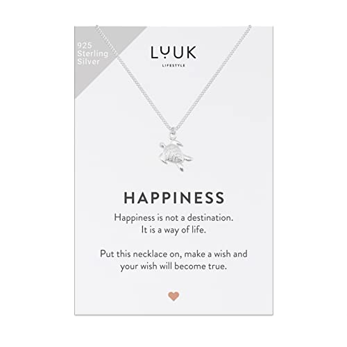 LUUK LIFESTYLE Halskette mit Schildkröte | Turtle Anhänger und HAPPINESS Geschenkkarte, 925 Sterling Silber, Reiseglücksbringer, Festivalschmuck für Frauen, Damenmodeaccessoire, Meeresmotiv, Silber von LUUK LIFESTYLE