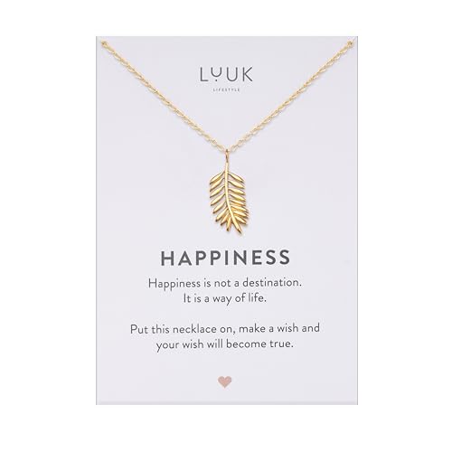 LUUK LIFESTYLE feminine Halskette mit HAPINESS Spruchkarte und Olivenzweig Anhänger, Geschenk für Frauen zum Geburtstag und Weihnachten, altes Symbol der Natur und des Friedens, 50cm, Gold von LUUK LIFESTYLE