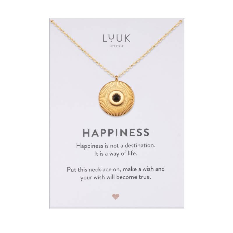 Halskette Mit Blauem Stein I Plättchen Coin Anhänger Aus Edelstahl Happiness Spruchkarte Filigraner Damenschmuck Geschenkidee Frauen von LUUKLIFESTYLEShop