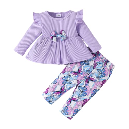 LUVCES 2Pcss Baby Mädchen Einfarbig Langärmeliges Geripptes Blusen-Top mit Schleife & Schmetterlings Print Hose Set Frühling Herbst Winter Kleidung Lila Schmetterling 18-24 Monate von LUVCES
