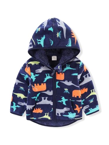 LUVCES Baby Jacke Jungen Warm Printed Fleece Jacke mit Kapuze Reißverschluss Unisex Kleinkind Mädchen Kinder Mantel Herbst Winter Oberbekleidung Marineblau 1-2 Jahre von LUVCES