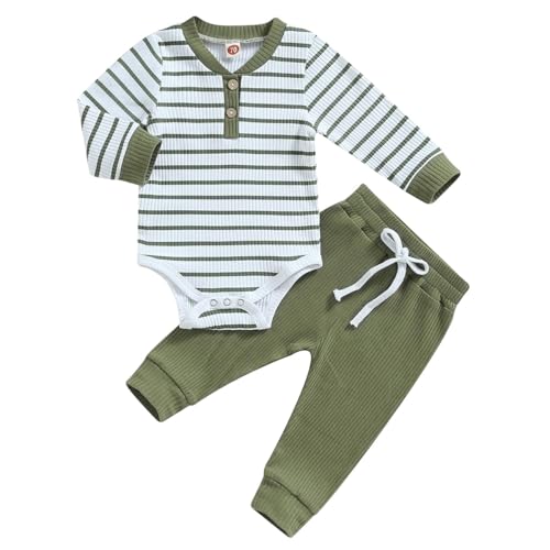 LUVCES Baby Jungen Herbst Winter Kleidung Langarm Gestreift Body Strampler Top + Hose Säugling Junge Kleidungssets für Jungen 2Pcs Armeegrüne Streifen 0-3 Monate von LUVCES