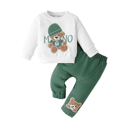 LUVCES Baby Jungen Kleidungsset Langärmelig Buchstabendruck Süßes Bären Sweatshirt Hose Kleinkind Herbst Frühlings Outfits Set Grüner Bär 6-9 Monate von LUVCES