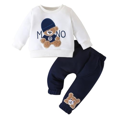LUVCES Baby Jungen Kleidungsset Langärmelig Buchstabendruck Süßes Bären Sweatshirt Hose Kleinkind Herbst Frühlings Outfits Set Weißer Buchstabenbär 6-9 Monate von LUVCES