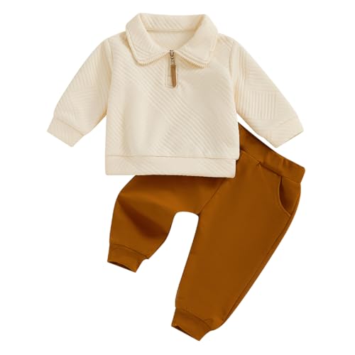 LUVCES Baby Jungen Kleidungsset Langarm Umlegekragen Reißverschluss Sweatshirt + Hose mit Taschen Kleinkind Säugling Herbst Winter Frühling Outfits Set Reißverschluss Typ Aprikose 12-18 Monate von LUVCES