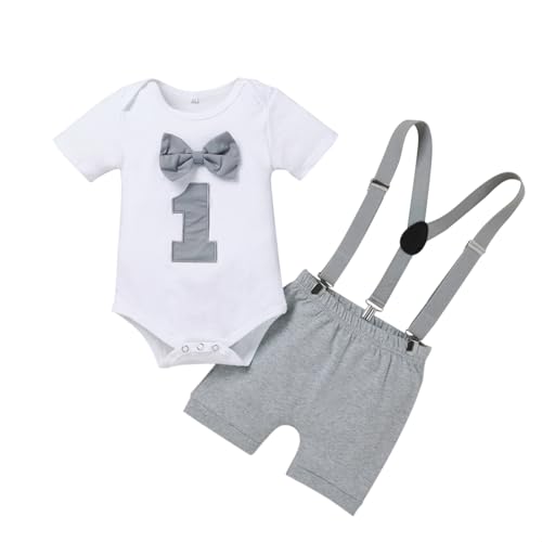 LUVCES Baby Jungen Mein 1. Geburtstag Kleidung Lustigem Aufdruck Fliege Strampler Body mit Hosenträger Shorts Cake Smash Outfits Set One Grau 9-12 Monate von LUVCES