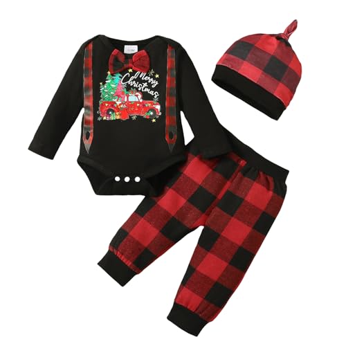 LUVCES Baby Jungen My 1st Christmas Kleidung Weihnachtsmann-Druck Gentleman Strampler + Rot karierte Hose + Mütze Weihnachtsoutfit Sets Schwarz Weihnachtsauto 12-18 Monate von LUVCES