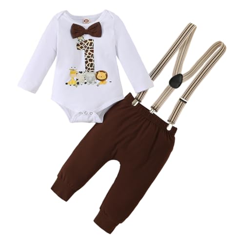 LUVCES Baby Jungen My 1st Geburtstag Outfit Wild One Animal Gentleman Strampler Top mit Fliege + Hosenträger Hose Herbst 2Pcs Kleidungsset Langarm Dunkelbraun 9-12 Monate von LUVCES