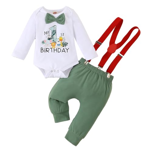 LUVCES Baby Jungen My 1st Geburtstag Outfit Wild One Animal Gentleman Strampler Top mit Fliege + Hosenträger Hose Herbst 2Pcs Kleidungsset Langarm Hellgrün 9-12 Monate von LUVCES