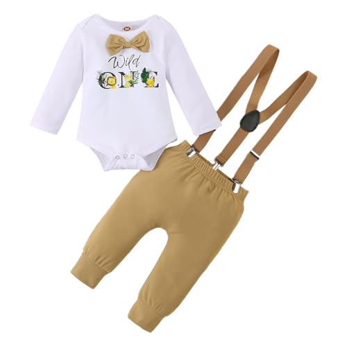 LUVCES Baby Jungen My 1st Geburtstag Outfit Wild One Animal Gentleman Strampler Top mit Fliege + Hosenträger Hose Herbst 2Pcs Kleidungsset Langarm Wild One Kaffee 12-18 Monate von LUVCES