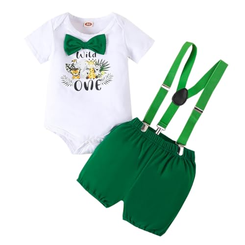 LUVCES Baby Jungen My 1st Geburtstag Outfit Wild One Animal Gentleman Strampler Top mit Fliege + Hosenträger Shorts Sommer 2Pcs Kleidungsset Wild One Grün 12-18 Monate von LUVCES