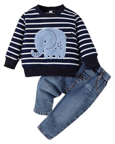 LUVCES Baby Jungen Niedliches Elefanten-besticktes Gestreiftes Sweatshirt und Jeans Set Herbst Winter Kleinkind Baby Junge Casual 2-teiliges Outfit Marineblau gestreifter Elefant 9-12 Monate von LUVCES
