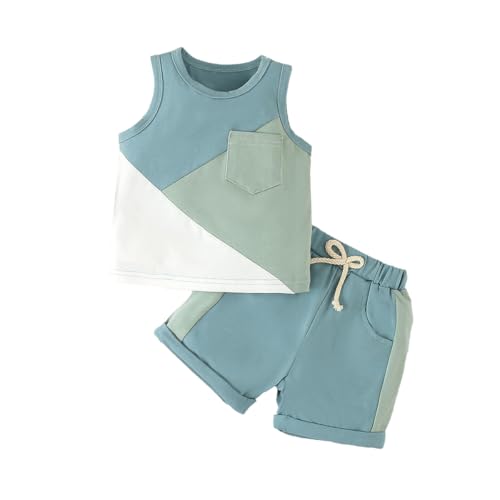 LUVCES Baby Jungen Sommerkleidung Ärmelloses Colorblock-Tanktop Weste T-Shirt + Casual Shorts mit Taschen + Mütze Kleinkind-Outfits-Set 2Pcs grüner und blauer Farbblock 6-12 Monate von LUVCES