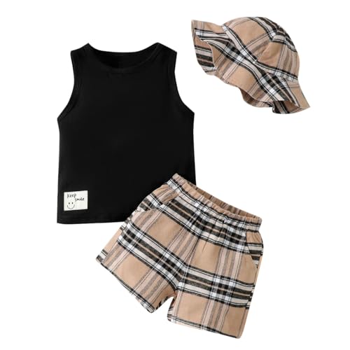 LUVCES Baby Jungen Sommerkleidung Ärmelloses Colorblock-Tanktop Weste T-Shirt + Casual Shorts mit Taschen + Mütze Kleinkind-Outfits-Set 3Pcs Schwarzes Plaid 2-3 Jahre von LUVCES