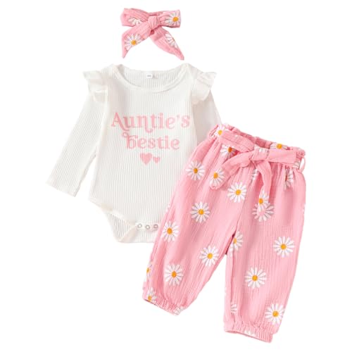LUVCES Baby Kleidung Mädchen Brief Drucken Gerippte Rüschen Strampler Oberteil Daisy Print Hosen Stirnband Babykleidung Set Für Säuglings Girls Rosa Auntie's Bestie 6-12 Monate von LUVCES