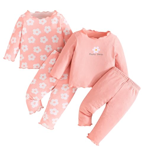 LUVCES Baby Mädchen 4Pcs Set Geripptes Gerüschter Rand Langarm Blumenmuster/Volltonfarbe T-shirt Oberteil und Hose Sets Outfit 4Pcs Blumendruck rosa 9-12 Monate von LUVCES