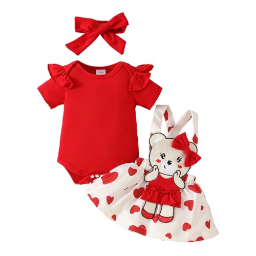 LUVCES Baby Mädchen Cartoon Bear Rotes Herz Röcke Sets Rüschen Kurzarm Strampler Top + Overalls Hosenträger Kleid Valentine's Day Kleidung Outfits Cartoon Bear Rotes Herz 12-18 Monate von LUVCES