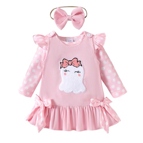 LUVCES Baby Mädchen Halloween Röcke Sets Rüschen Langarm Tupfen Strampler Top + Süß Kürbis Overalls Hosenträger Kleid Herbst Kleidung Outfits 3Pcs Rosa Kürbis 6-12 Monate von LUVCES