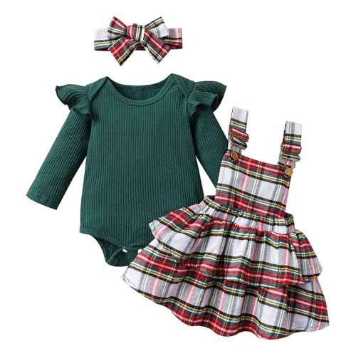 LUVCES Baby Mädchen Herbst Winter Röcke Sets Rüschen Langarm Strampler Top Plaid Rock Infant Overalls Hosenträger Kleid Kleidung Outfits Grün Plaid 0-3 Monate von LUVCES