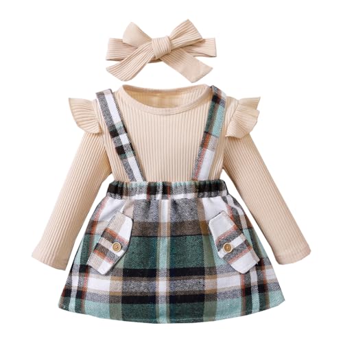 LUVCES Baby Mädchen Herbst Winter Röcke Sets Rüschen Langarm Top Plaid Rock Infant Overalls Hosenträger Kleid und Stirnband 3Pcs Kleidung Outfits 3Pcs Khaki 12-18 Monate von LUVCES