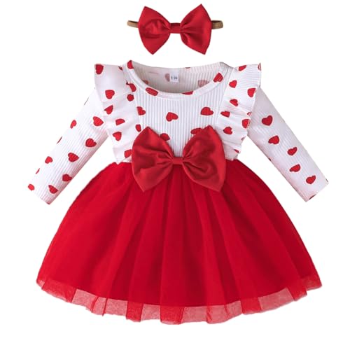 LUVCES Baby Mädchen Kleid Outfit Herzdruck Geripptes Langarm Bowknot Valentinstag Tulle Kleider Stirnband Set Frühling Herbst Kleidung Herzdruck Rot 6-12 Monate von LUVCES