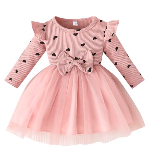 LUVCES Baby Mädchen Kleid Outfit Herzdruck Geripptes Langarm Bowknot Valentinstag Tulle Kleider Stirnband Set Frühling Herbst Kleidung Herzdruck rosa 12-18 Monate von LUVCES