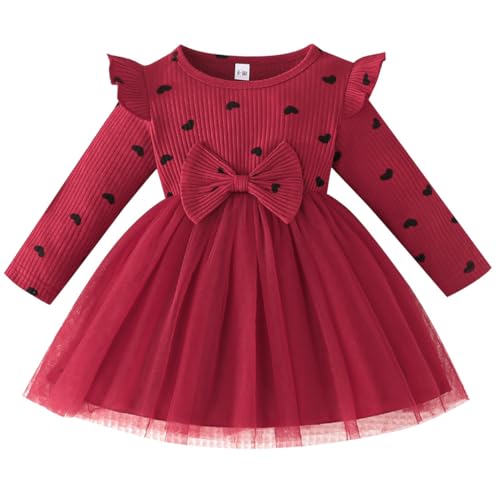 LUVCES Baby Mädchen Kleid Outfit Herzdruck Geripptes Langarm Bowknot Valentinstag Tulle Kleider Stirnband Set Frühling Herbst Kleidung Herzdruck weinrot 18-24 Monate von LUVCES