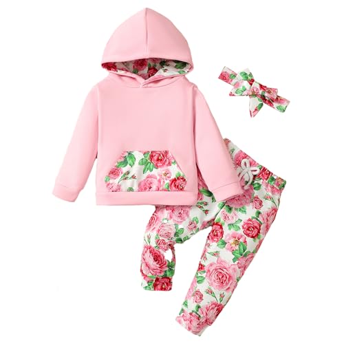 LUVCES Baby Mädchen Kleidung Langarm Sweatshirt Känguru Tasche Floral Hoodie Tops & Hosen Herbst Winter Outfits Kleidung sets Blumendruck rosa 12-18 Monate von LUVCES