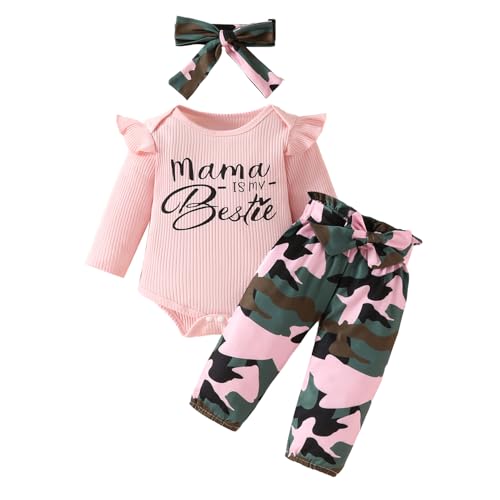 LUVCES Baby Mädchen Kleidung Neugeborenes Baby Outfits Ruffle Strampler Floral Hosen Niedliche Stirnband 3Pcs Sets für Baby Mädchen 3Pcs Camouflage-Rosa 3-6 Monate von LUVCES