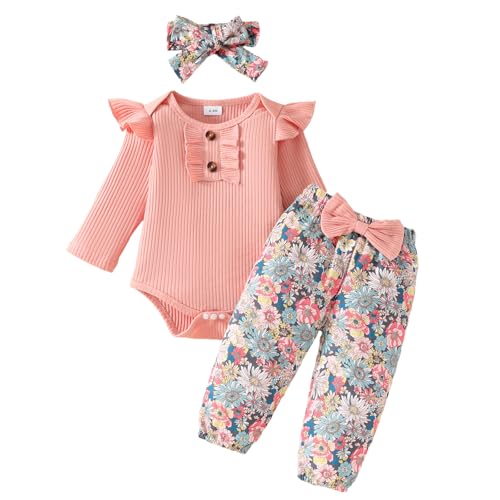LUVCES Baby Mädchen Kleidung Neugeborenes Baby Outfits Ruffle Strampler Floral Hosen Niedliche Stirnband 3Pcs Sets für Baby Mädchen 3Pcs Rosa1 12-18 Monate von LUVCES