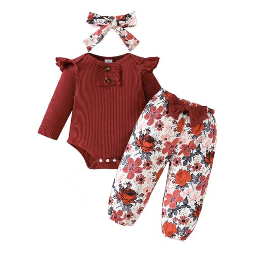 LUVCES Baby Mädchen Kleidung Neugeborenes Baby Outfits Ruffle Strampler Floral Hosen Niedliche Stirnband 3Pcs Sets für Baby Mädchen 3Pcs Rotwein 0-3 Monate von LUVCES