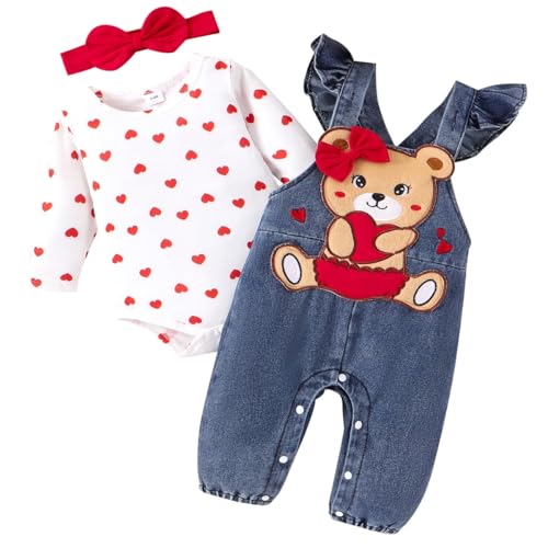 LUVCES Baby Mädchen Kleidung Outfits Herbst Winter Niedlich Liebe Druck Strampler Cartoon Bär Overalls Hosen Stirnband Bekleidungsset 3Pcs rotes Herz Bär 3-6 Monate von LUVCES