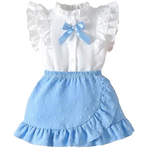 LUVCES Baby Mädchen Rock Set Rüschen Ärmellose Bluse mit Schleife & Eleganter Schweizer Punkten Rock 2Pcs Sommer Outfit Kleidung Blau 3-4 Jahre von LUVCES