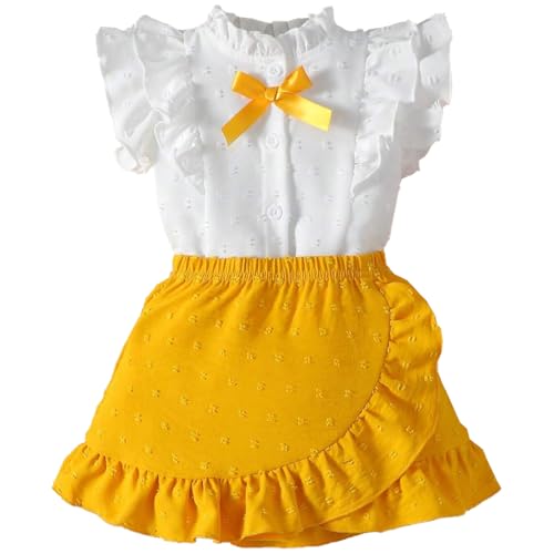 LUVCES Baby Mädchen Rock Set Rüschen Ärmellose Bluse mit Schleife & Eleganter Schweizer Punkten Rock 2Pcs Sommer Outfit Kleidung Gelb 12-18 Monate von LUVCES