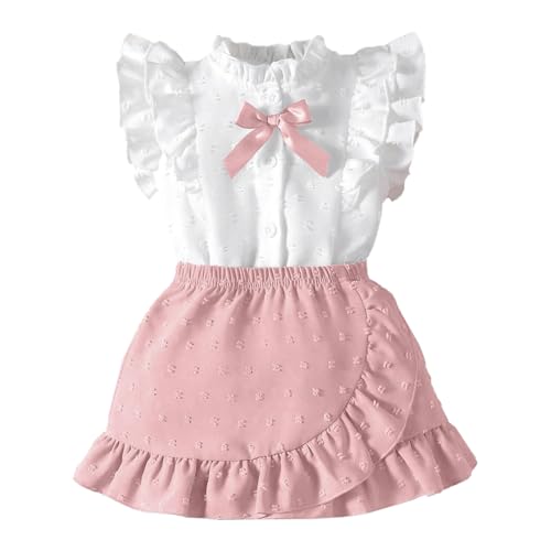 LUVCES Baby Mädchen Rock Set Rüschen Ärmellose Bluse mit Schleife & Eleganter Schweizer Punkten Rock 2Pcs Sommer Outfit Kleidung Rosa 4-5 Jahre von LUVCES