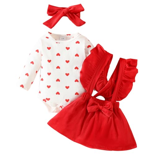 LUVCES Baby Mädchen Rotes Herz Röcke Sets Rüschen Langarm Strampler Top + Overalls Hosenträger Kleid Valentine's Day Kleidung Outfits Rotes Herz 0-3 Monate von LUVCES