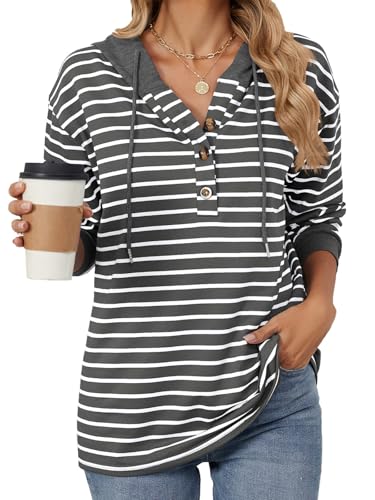 LUVCES Damen Gestreiften V-Ausschnitt Langarm Kapuzenpullover für Frauen Kordelzug Knopf Pullover Hoodie Sweatshirt Oberteil Dunkelgrau Groß von LUVCES