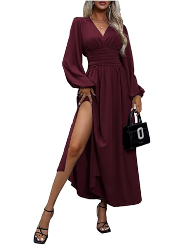 LUVCES Damen Herbst Maxi Kleid V-Ausschnitt Puff Langarm Plissee Hohe Taille Schlitz Elegant Hochzeitsgast Cocktail Langes Kleid Lila rot M von LUVCES