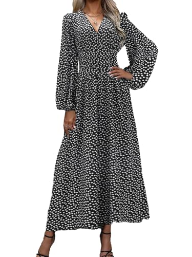 LUVCES Damen Herbst Maxi Kleid V-Ausschnitt Puff Langarm Plissee Hohe Taille Schlitz Elegant Hochzeitsgast Cocktail Langes Kleid Tupfen M von LUVCES