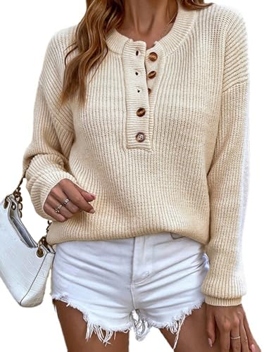 LUVCES Damen Pullover V-Ausschnitt Langarm Henley Knöpfen Strickpullover Einfarbig Herbst Winter Sweater Top für Damen Beige M von LUVCES