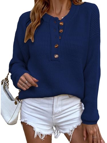 LUVCES Damen Pullover V-Ausschnitt Langarm Henley Knöpfen Strickpullover Einfarbig Herbst Winter Sweater Top für Damen Königsblau L von LUVCES