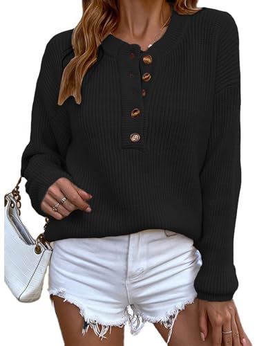 LUVCES Damen Pullover V-Ausschnitt Langarm Henley Knöpfen Strickpullover Einfarbig Herbst Winter Sweater Top für Damen Schwarz L von LUVCES