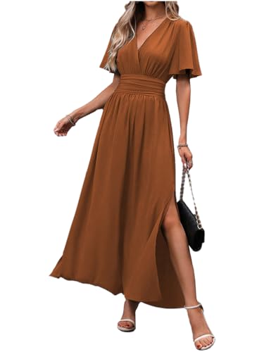 LUVCES Damen Sommer Maxi Kleid V-Ausschnitt Schmetterlingsärmel Plissee Hohe Taille Schlitz Elegant Hochzeitsgast Langes Kleid Karamell L von LUVCES