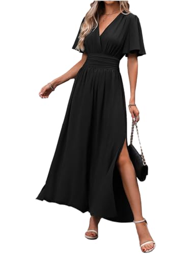 LUVCES Damen Sommer Maxi Kleid V-Ausschnitt Schmetterlingsärmel Plissee Hohe Taille Schlitz Elegant Hochzeitsgast Langes Kleid Schwarz XXL von LUVCES