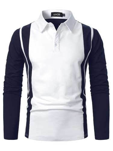 LUVCES Herren Langarm Polo Shirts für Männer gestreift lässig Slim Fit Golf Polo Kontrast Farbe Herbst Winter Baumwolle T-Shirts Langarm Marineblau + Weiß L von LUVCES