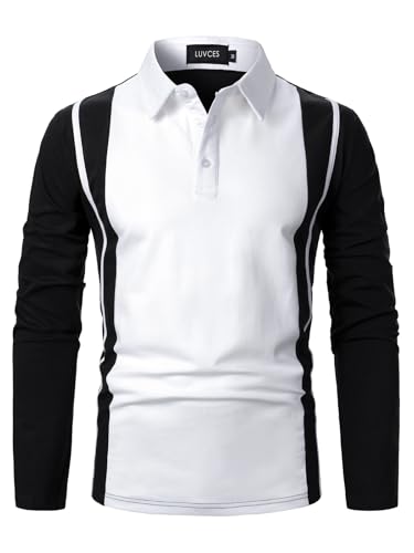 LUVCES Herren Langarm Polo Shirts für Männer gestreift lässig Slim Fit Golf Polo Kontrast Farbe Herbst Winter Baumwolle T-Shirts Langarm Schwarz + weiß L von LUVCES